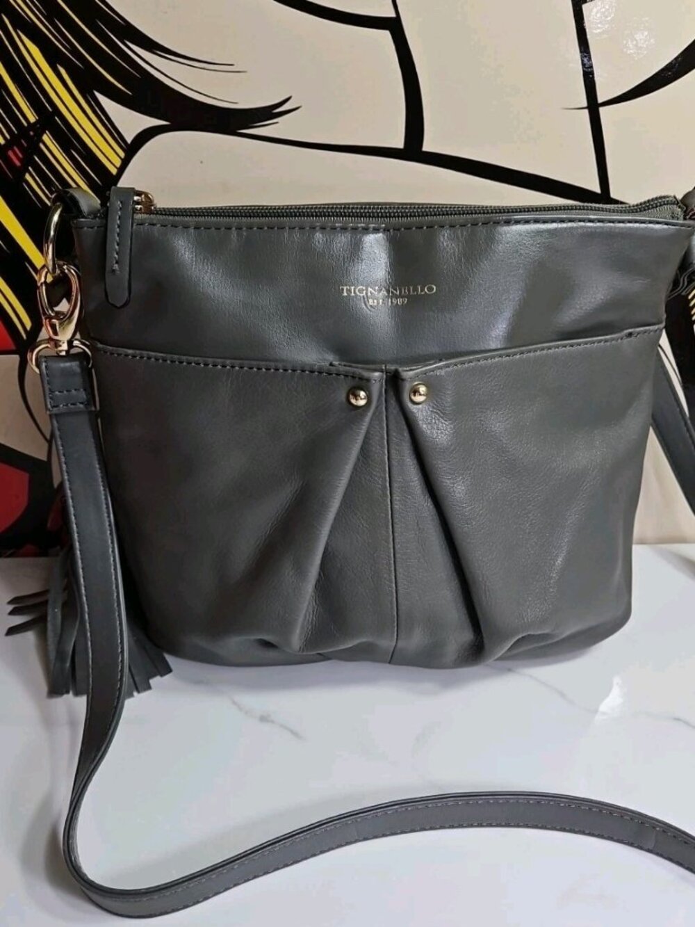 Tignanello Gray Leather Organizer Crossbody Purse